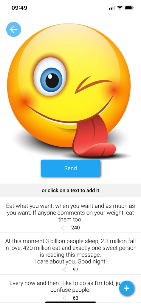 Emoji Elite + GIFs - Un emoji gigante guiñando un ojo con la lengua fuera mostrado encima de una lista de sugerencias de mensajes de texto divertidos y sentimentales.