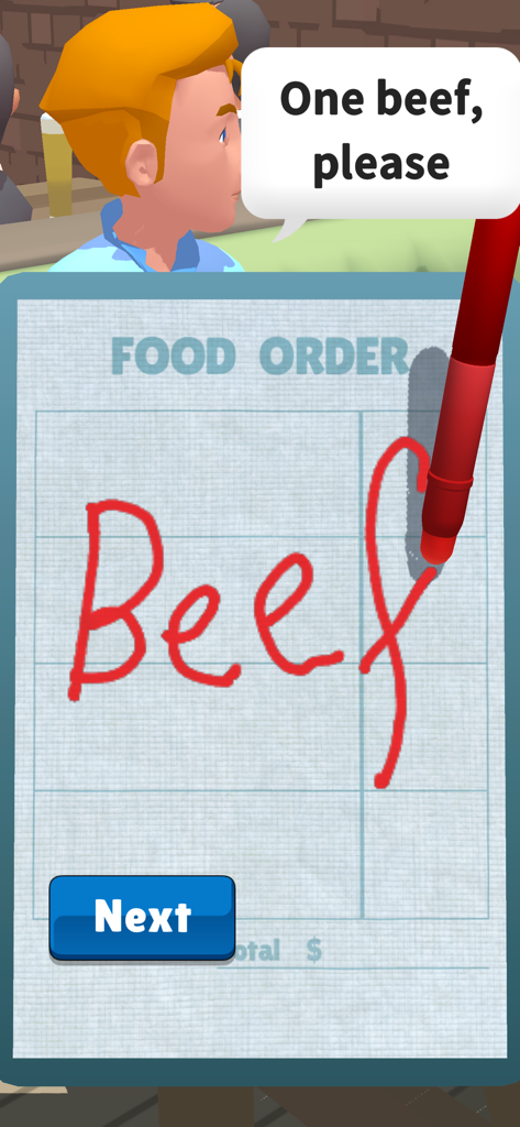 Order please! -Draw&Story game - A player draws the word Beef on a food order notepad in the Order please mobile game