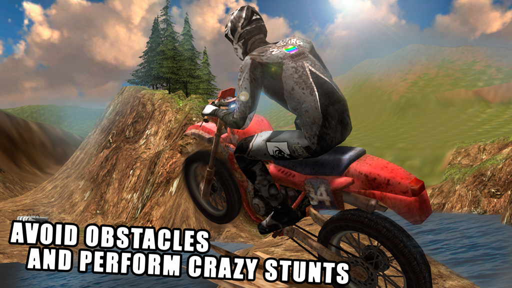 A 3D rider on a red motorcycle jumping over a dirt hill in an offroad racing game