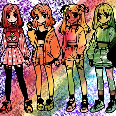one girl with crop-top shirt and a jacket with a skirt, long socks and another girl with a shirt and pants with a jacket