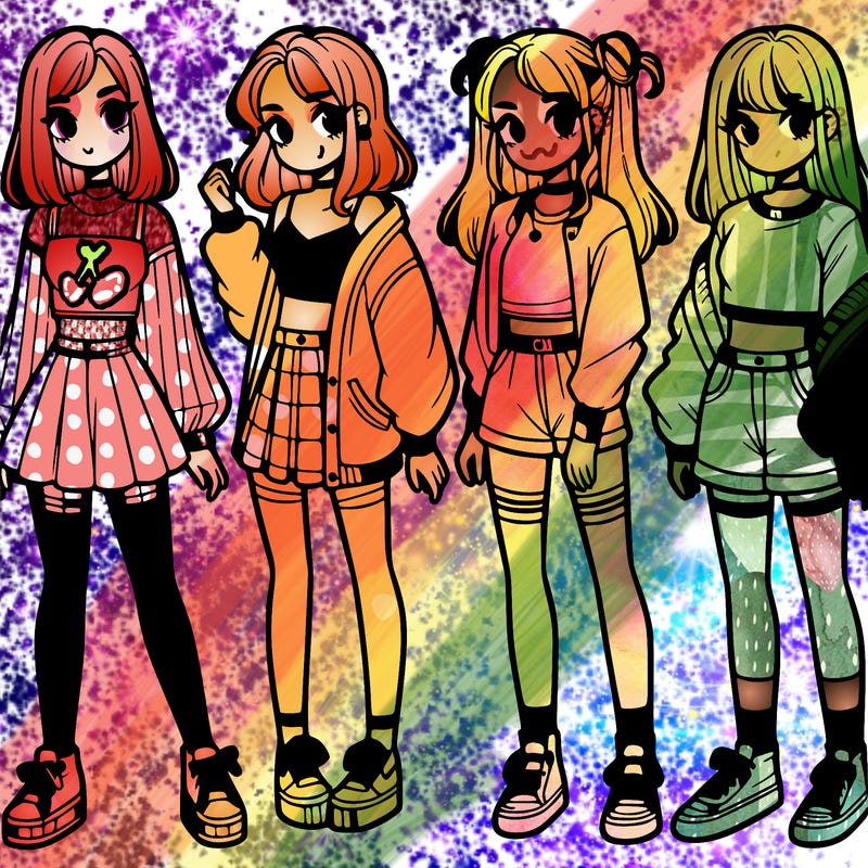 one girl with crop-top shirt and a jacket with a skirt, long socks and another girl with a shirt and pants with a jacket