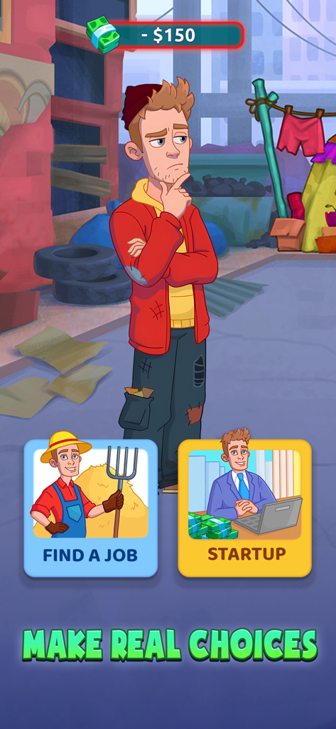 Una captura de pantalla del juego Money Empire que muestra a un personaje en harapos eligiendo entre un trabajo de bajo nivel y comenzar un negocio para escapar de la pobreza.
