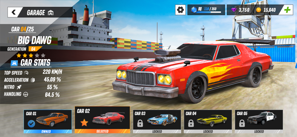 Car Crash Games - derby,beamng - Garage menu in Car Crash Games showing a red muscle car with flame decals and performance stats