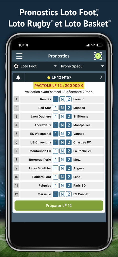 Interface de l'application Pronosoft affichant une grille de pronostics et des options de paris pour le football Loto Foot