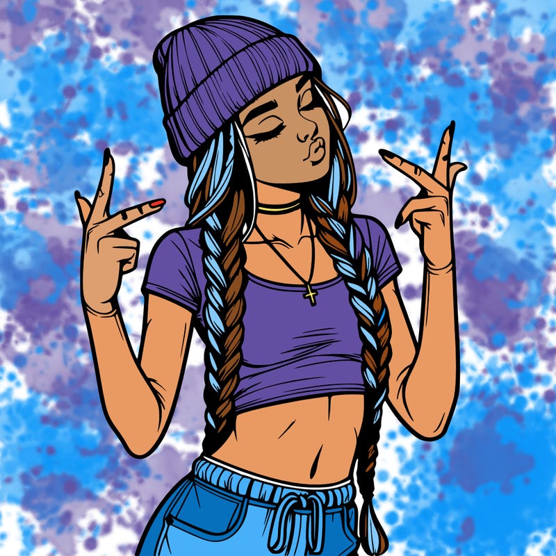 realistic teenage girl with braids and a beanie and crop top doing 🫶🏼