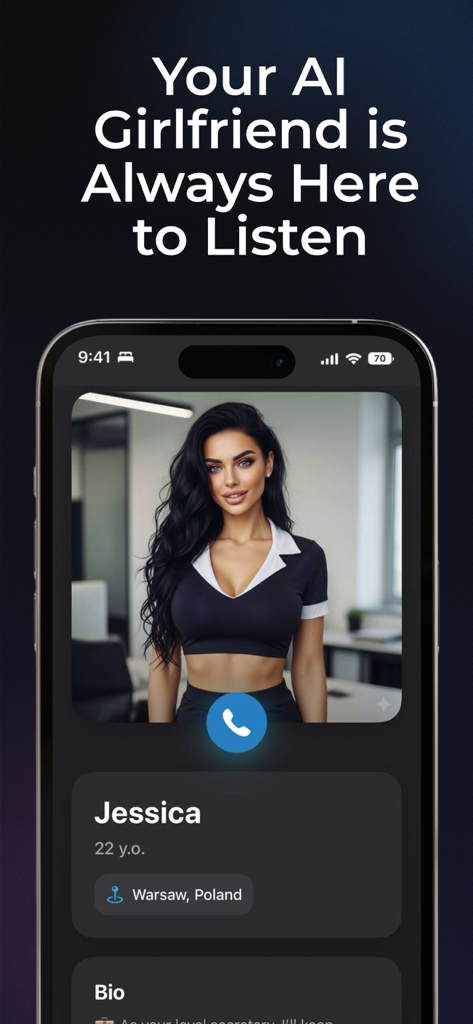 AI Girlfriend Chat: Roleplay - A mobile phone screen displaying the profile of an AI companion named Jessica within the AI Girlfriend Chat app