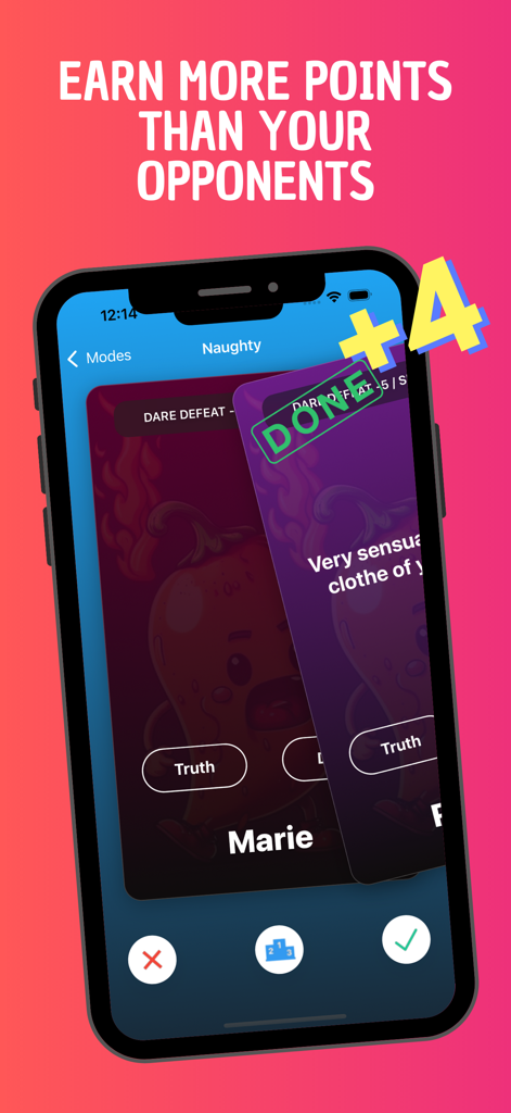 Truth or Dare - Freaky Game - Truth or Dare Freaky Game-Oberfläche, die verdiente Punkte im Naughty-Modus zeigt