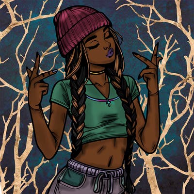 realistic teenage girl with braids and a beanie and crop top doing 🫶🏼