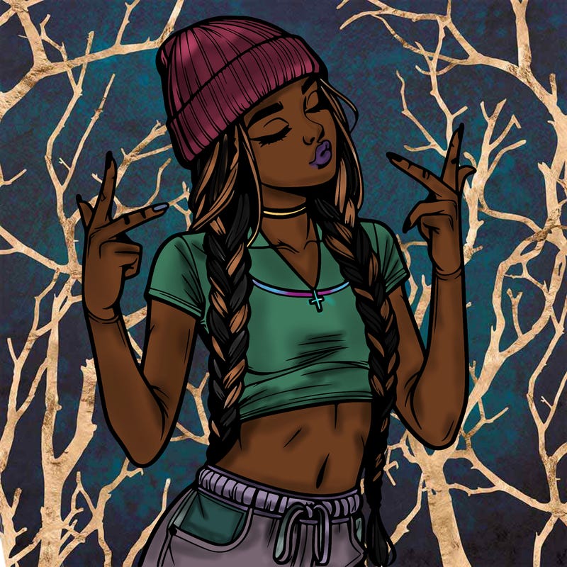 realistic teenage girl with braids and a beanie and crop top doing 🫶🏼