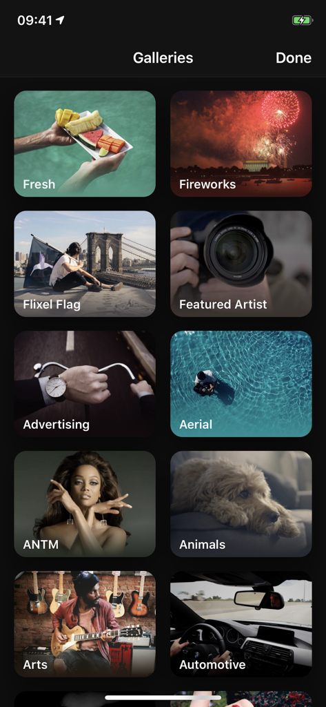 Gallery view in the Cinemagraph Pro app showing creative categories like advertising aerial and animals for professional inspiration