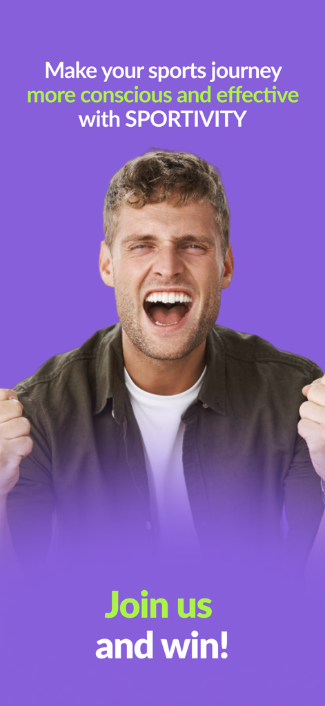 SPORTIVITY: sport tracker - An excited man celebrating victory with the Sportivity sport tracker slogan Join us and win