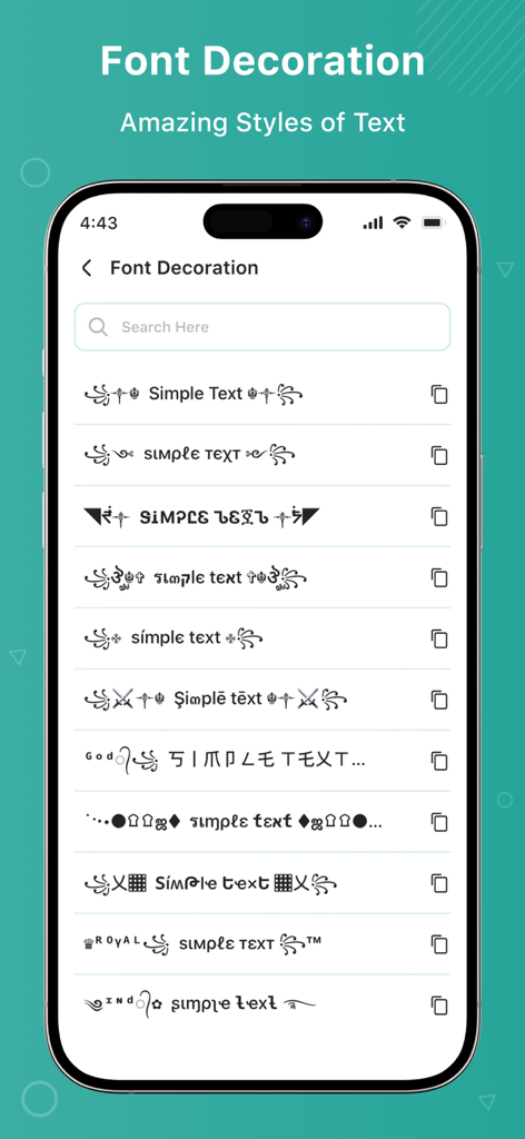 L'interface de l'application montre une variété de styles de texte décoratifs et de polices créatives pour les messages WhatsApp