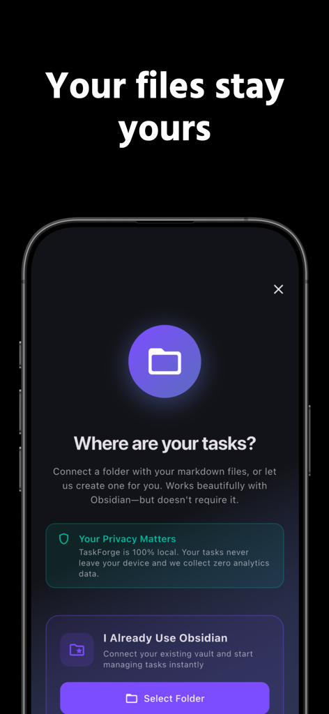 TaskForge - Obsidian Tasks - TaskForge setup screen emphasizing data privacy and local file control for Obsidian tasks