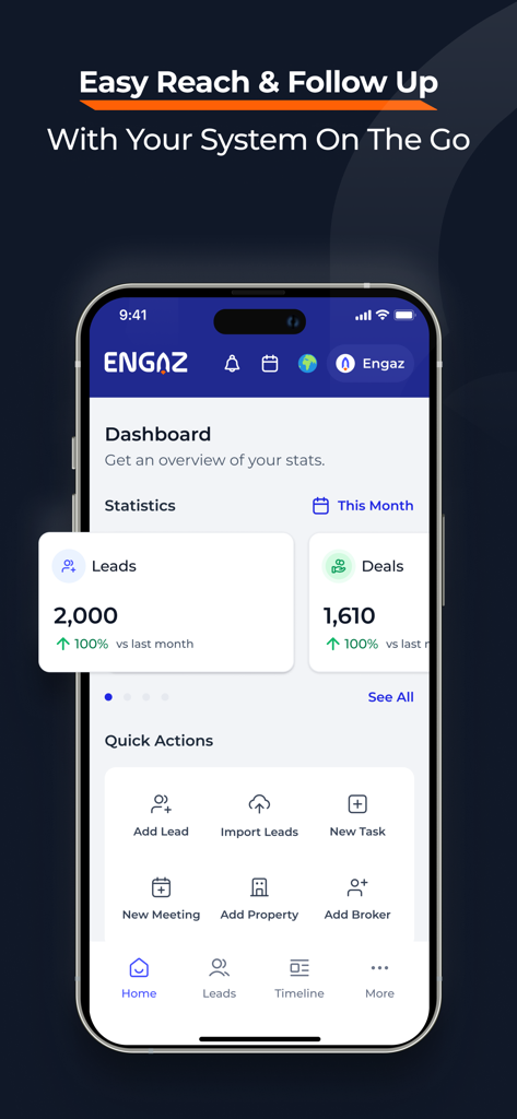 Tableau de bord de l'application Engaz CRM présentant des statistiques immobilières sur les prospects et les transactions