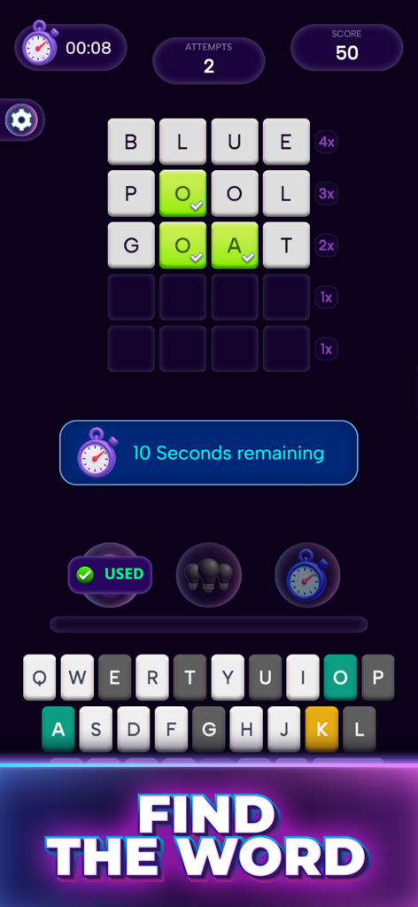 Guess the Word: Play For Cash - Mobile gameplay interface of Guess the Word Play For Cash showing word attempts and a countdown timer.