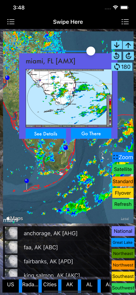 US NOAA Radars 3D Pro - US NOAA Radars 3D Pro app showing Miami weather radar map with storm tracking overlays