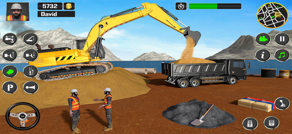 Excavator Construction Game 3d - Una excavadora amarilla cargando arena en un camión negro en un sitio de construcción en un simulador 3D