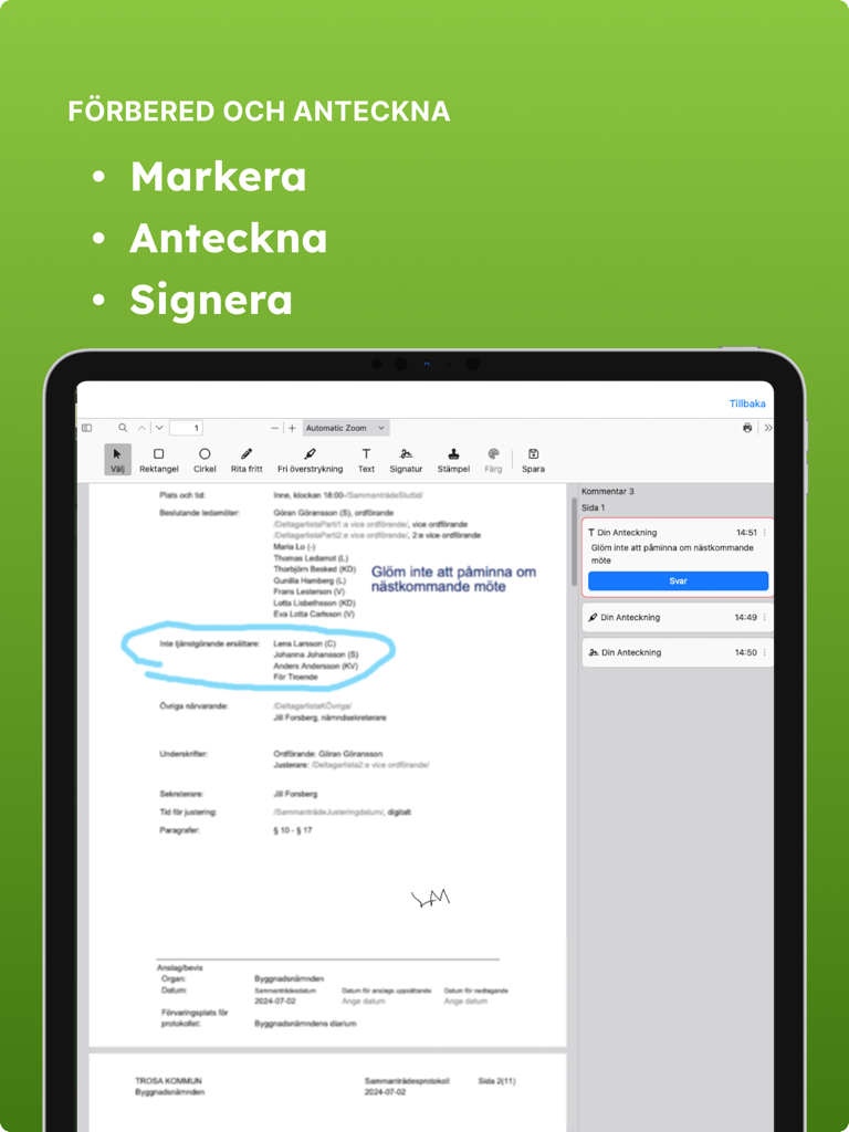 Interfaz de Nya Lexmeeting en iPad que muestra anotación de documentos digitales con resaltados y una firma.
