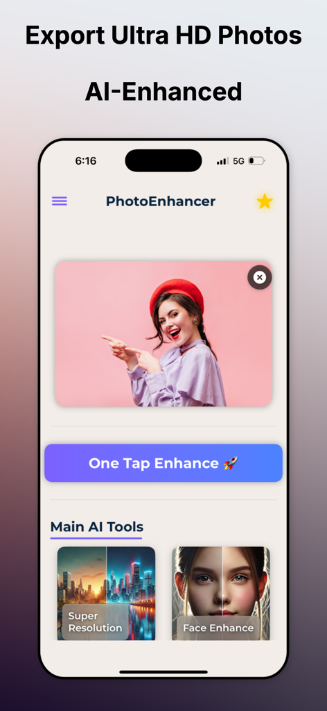 AI画像エンハンサーモバイルアプリのインターフェース。ワンタップ写真エンハンスメントとHD解像度ツールが表示されています。
