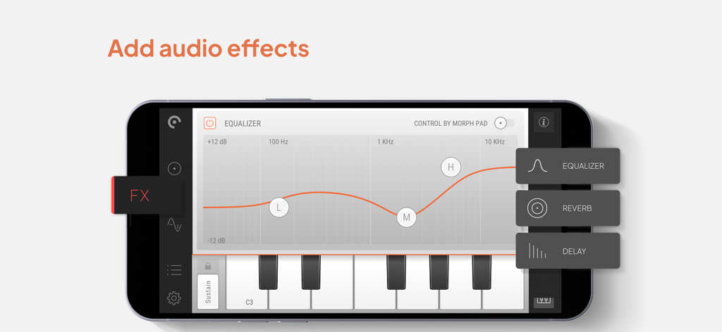 Pure Strings Instrument & AUv3 - A screenshot of the Pure Strings app showing the equalizer interface with a frequency graph and piano keys
