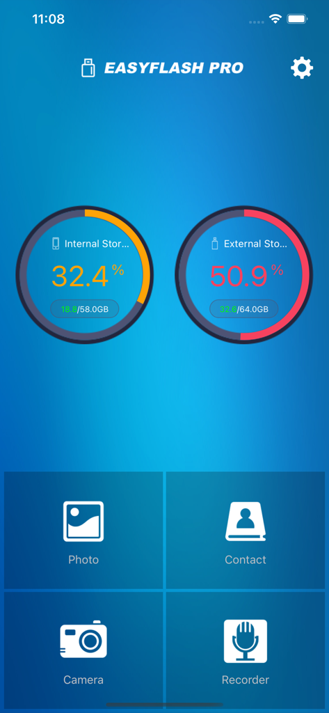 EASYFLASHPRO - EASYFLASHPRO app home screen showing internal and external storage status with quick access buttons for photos and contacts