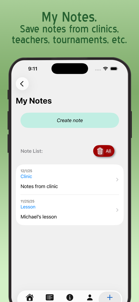 A list of personal pickleball notes from clinics and lessons in the app