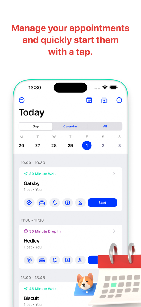 Walkies: Pet Sitting & Walking - A mobile interface of the Walkies app showing a daily schedule of pet sitting and walking appointments with a quick start button