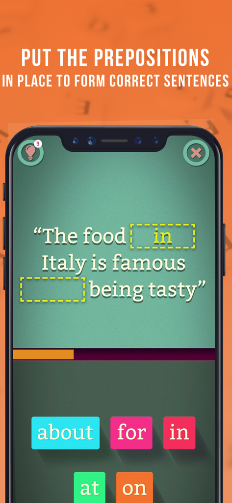 Mobile app interface showing a sentence completion game for learning English prepositions.