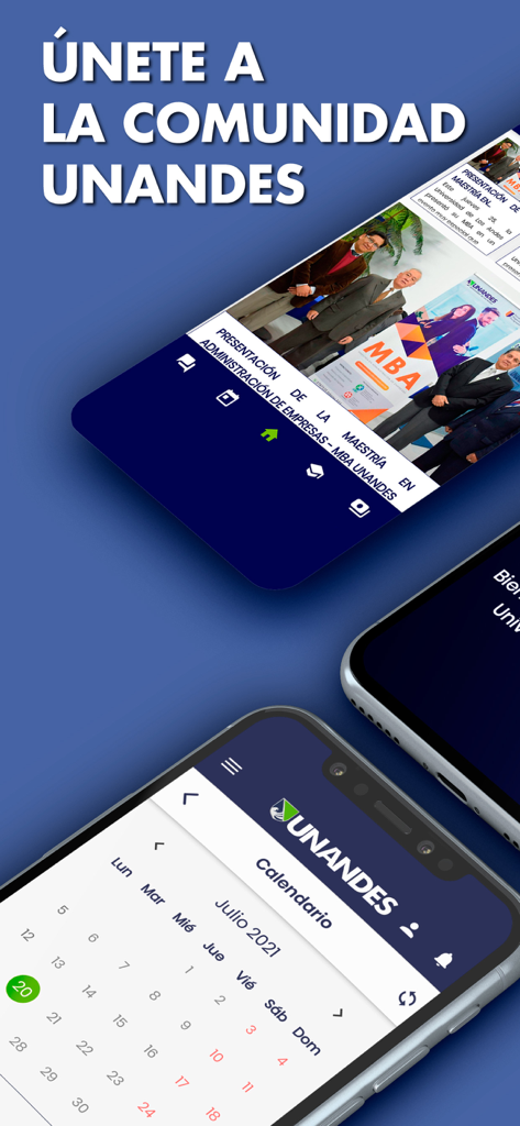 UNANDES - Mobile screens of the UNANDES app showing university news and an academic calendar.