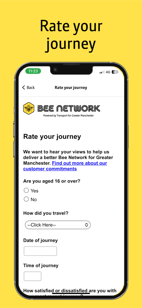 Bee Network - Interface da aplicação Bee Network mostrando um formulário de inquérito para os utilizadores avaliarem a sua viagem de transporte público na Grande Manchester.