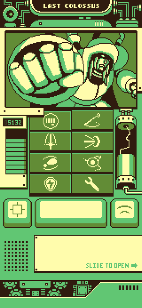 Last Colossus - Last Colossus retro pixel art interface showing a giant robot and action icons