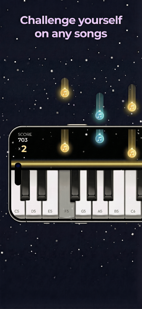 Rhythm game interface on a mobile device showing falling notes onto a digital piano keyboard