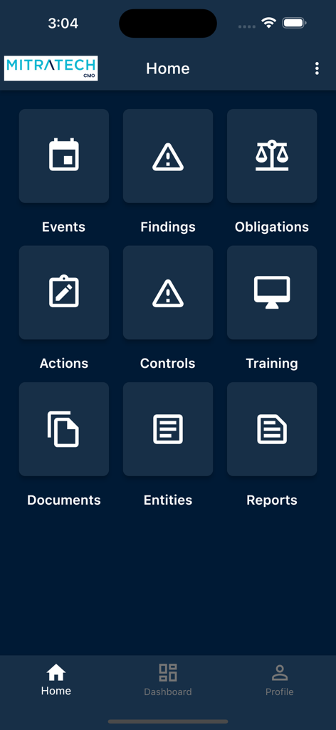 CMO Compliance V19 mobile app home screen with modules for events findings and actions