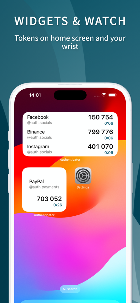 Widgets de l'application Authenticator sur l'écran d'accueil d'un iPhone affichant les codes 2FA pour divers comptes