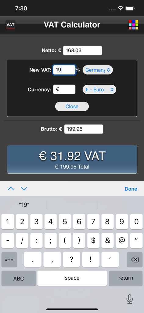 VAT Calculatorアプリの画面。ユーロでドイツのVAT計算が表示されています。