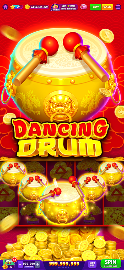 Dancing Drum slot machine gameplay on Woohoo Casino Vegas Slot Games featuring golden drums and coins