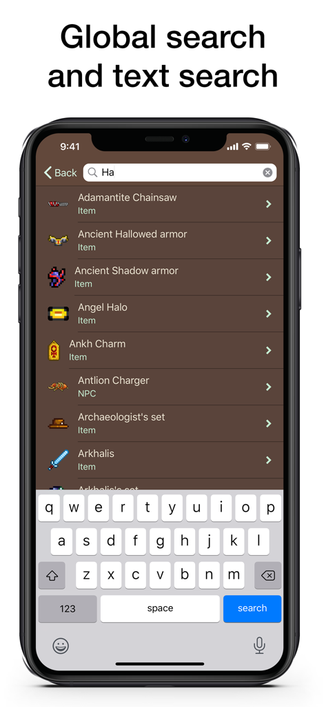 Interfaccia di ricerca globale e di testo nell'app Pocket Wiki per Terraria che mostra i risultati degli oggetti