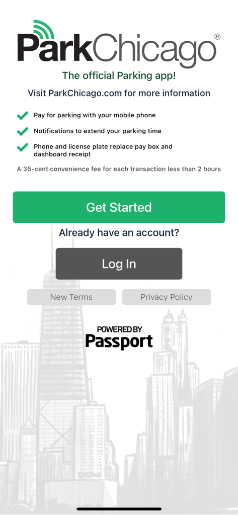 Welcome screen of the ParkChicago official parking app with login and get started buttons over a Chicago skyline background