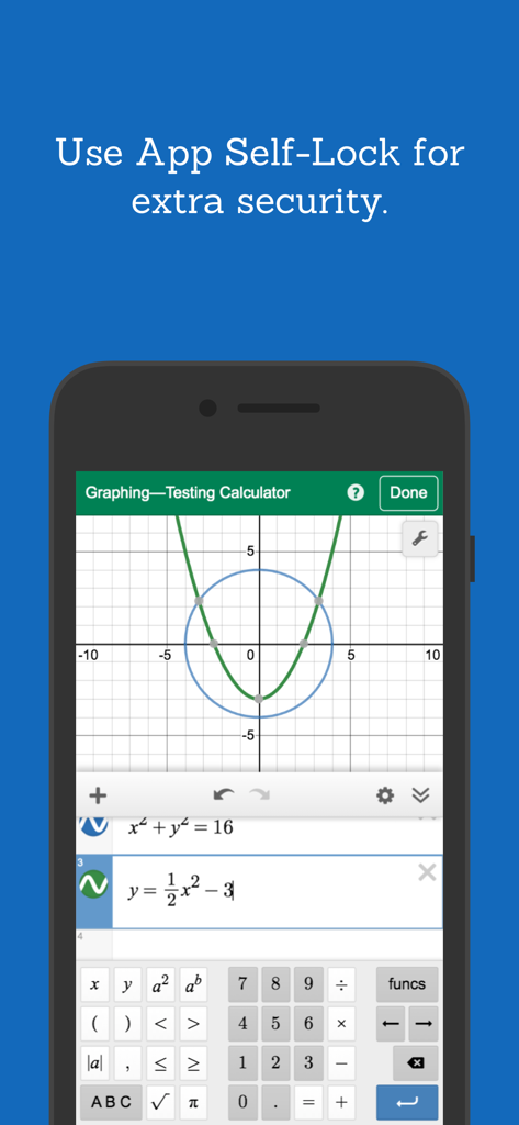 Desmos Test Mode - Uno smartphone che mostra l'interfaccia della calcolatrice grafica Desmos Test Mode con un messaggio di sicurezza di blocco automatico dell'app