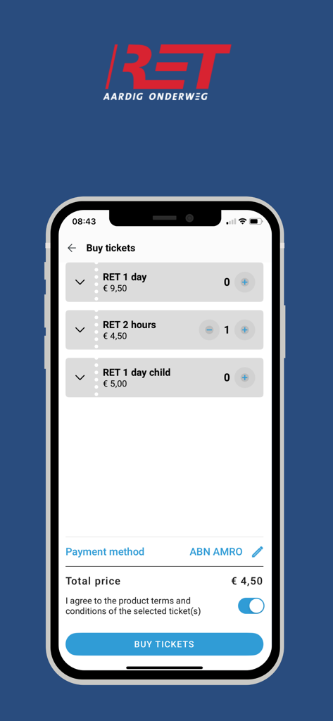 RET - 로테르담 대중교통 요금 옵션을 보여주는 RET 모바일 앱의 티켓 구매 화면