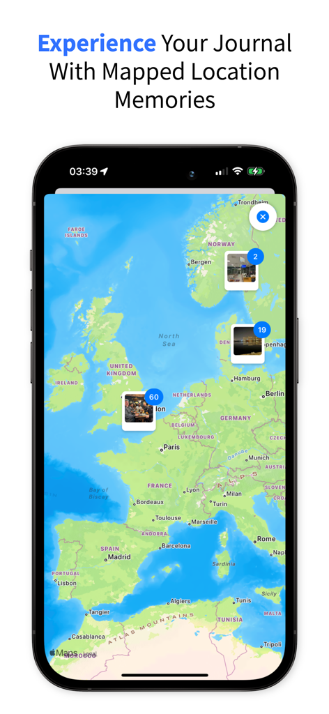 My Journal: Daily Mood Diary - Interactive map showing journal entries with photo pins in different geographical locations.