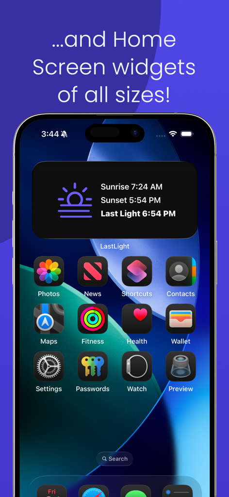 iPhone home screen displaying a LastLight Pro widget with sunrise sunset and last light times