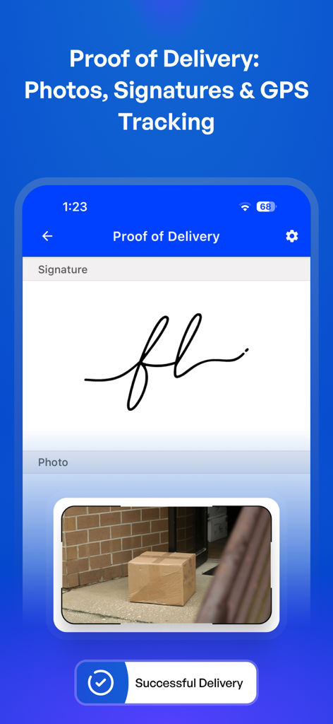 Proof of delivery screen showing digital signature and package photo capture