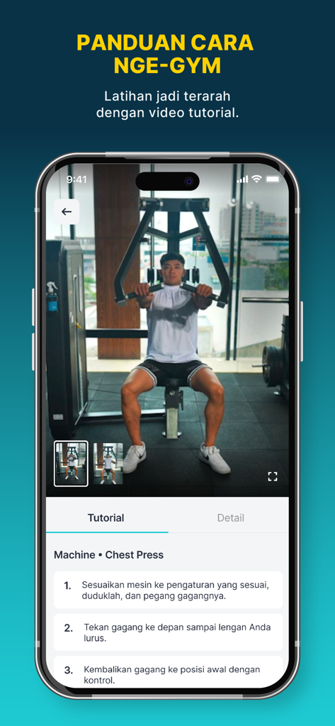 FIT HUB app screen showing a video tutorial for a chest press machine with instructions