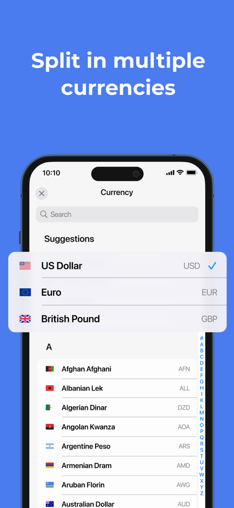 Mobile app interface of Tricount showing a list of global currencies for splitting expenses during international travel