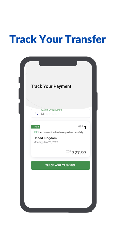 Supersonicz - Supersonicz app screen showing a successful money transfer tracking status with transaction details and payment number.