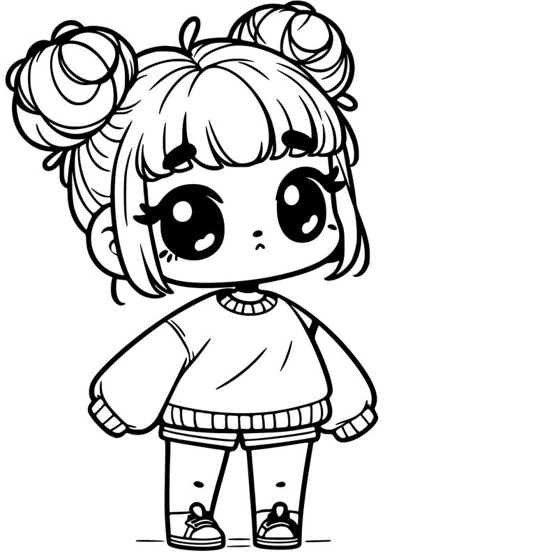 a short girl with goofy buns on the bottom of her head the girl is wearing shorts and an oversized sweat shirt