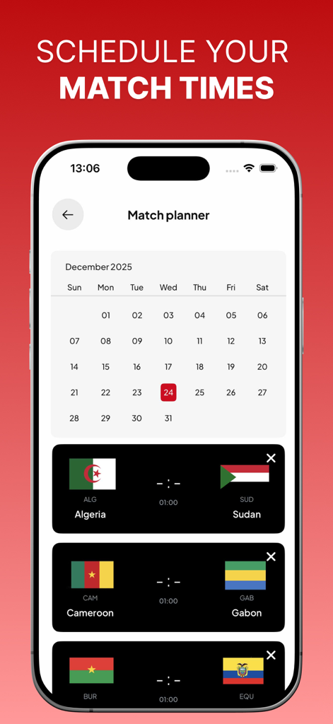 Yacine Live Score TV Player - Spielplaner-Funktion im Yacine Live Score TV Player mit einem Fußball-Spielkalender und geplanten Begegnungen.