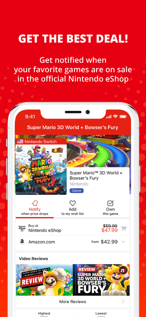 NT Deals - A mobile app screen showing a price comparison for Super Mario 3D World on the Nintendo eShop and Amazon