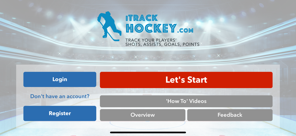 Hauptmenü der iTrackHockey App mit Login-, Registrierungs- und Start-Buttons auf einem Eishockeyfeld-Hintergrund